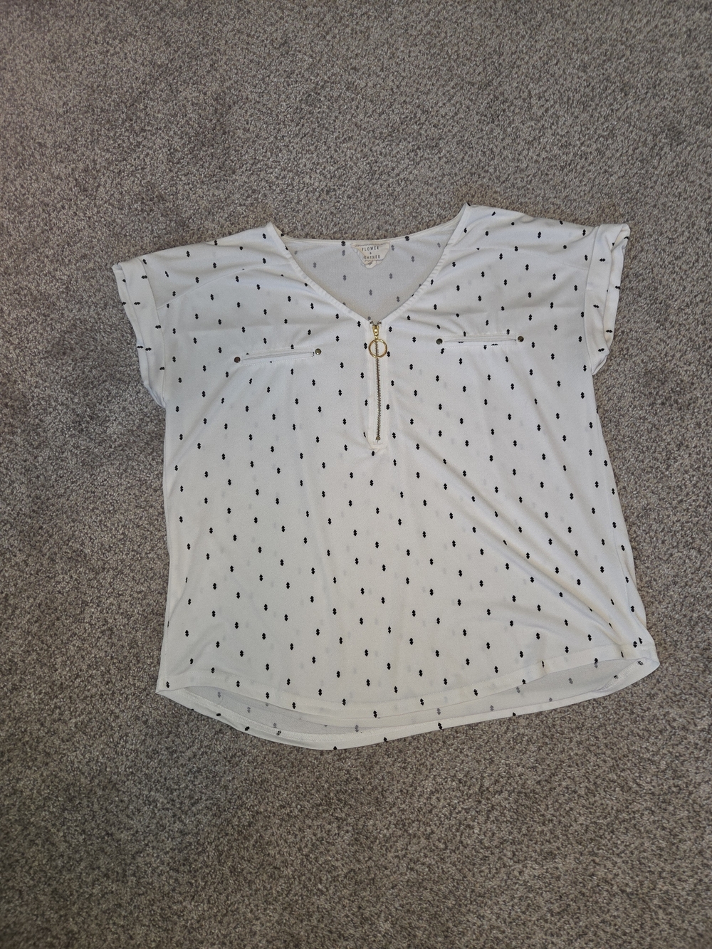 Flower & Feather White Black Dot Zip Front Blouse XL Business Casual Mininilist